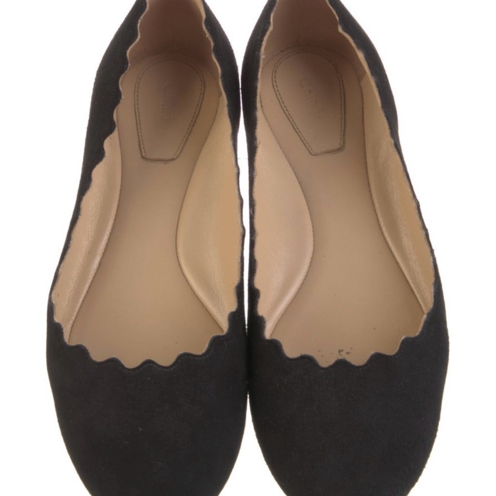 Chloe Scalloped Black Suede Ballet Flats